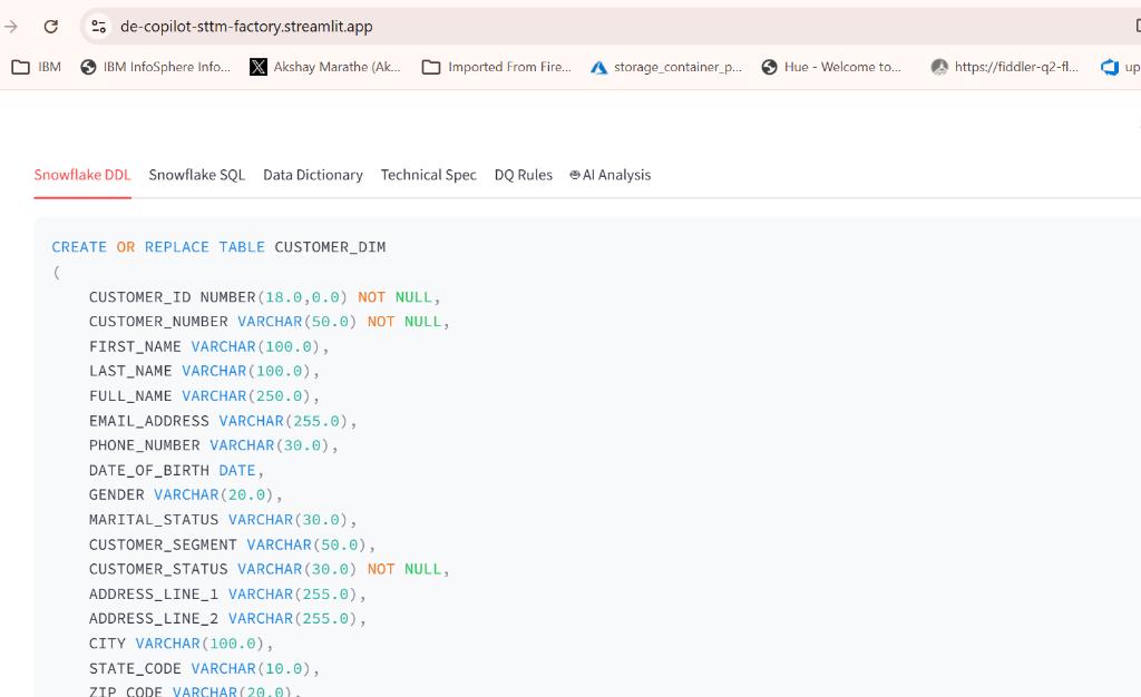 Generated Snowflake DDL - CREATE OR REPLACE TABLE CUSTOMER_DIM with full column definitions